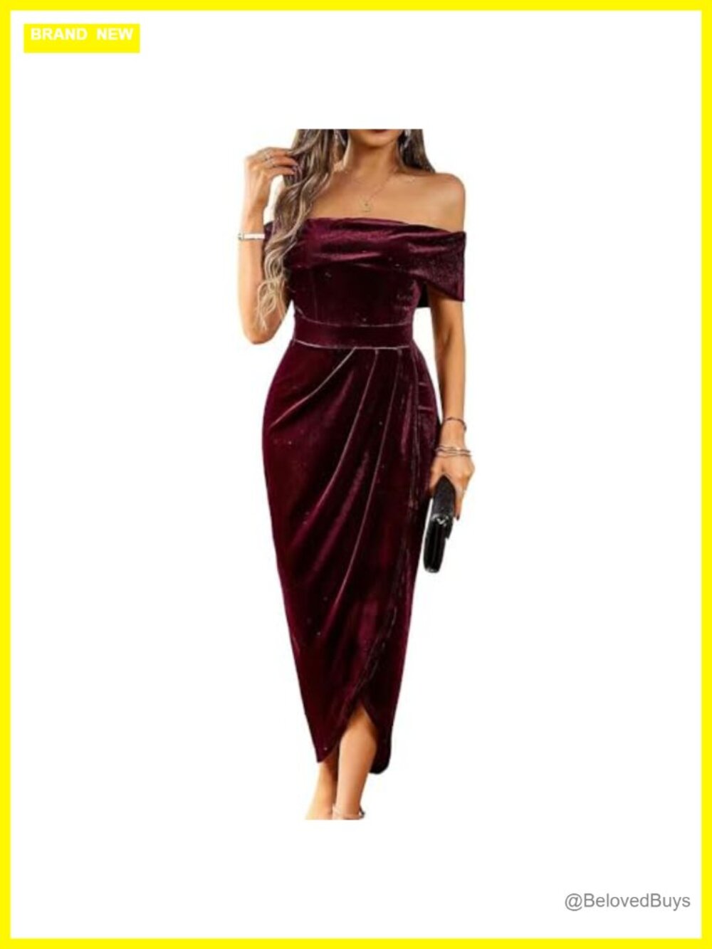 Off Shoulder Velvet Bodycon Midi Dress with Slit Long Sleeve Wrap Formal
